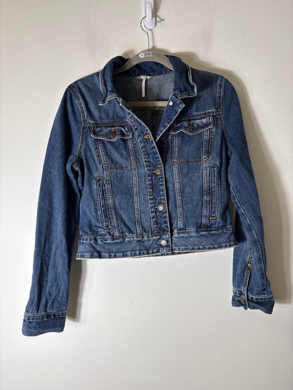 Free People Blue Denim Long Sleeve Cropped Jean Jacket Sz S